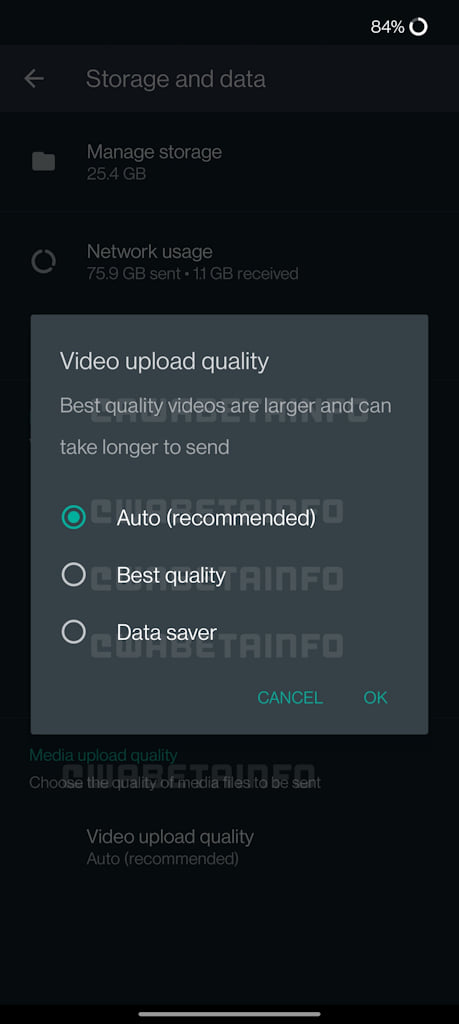 WhatsApp opções para selecionar qualidade de envio do vídeo