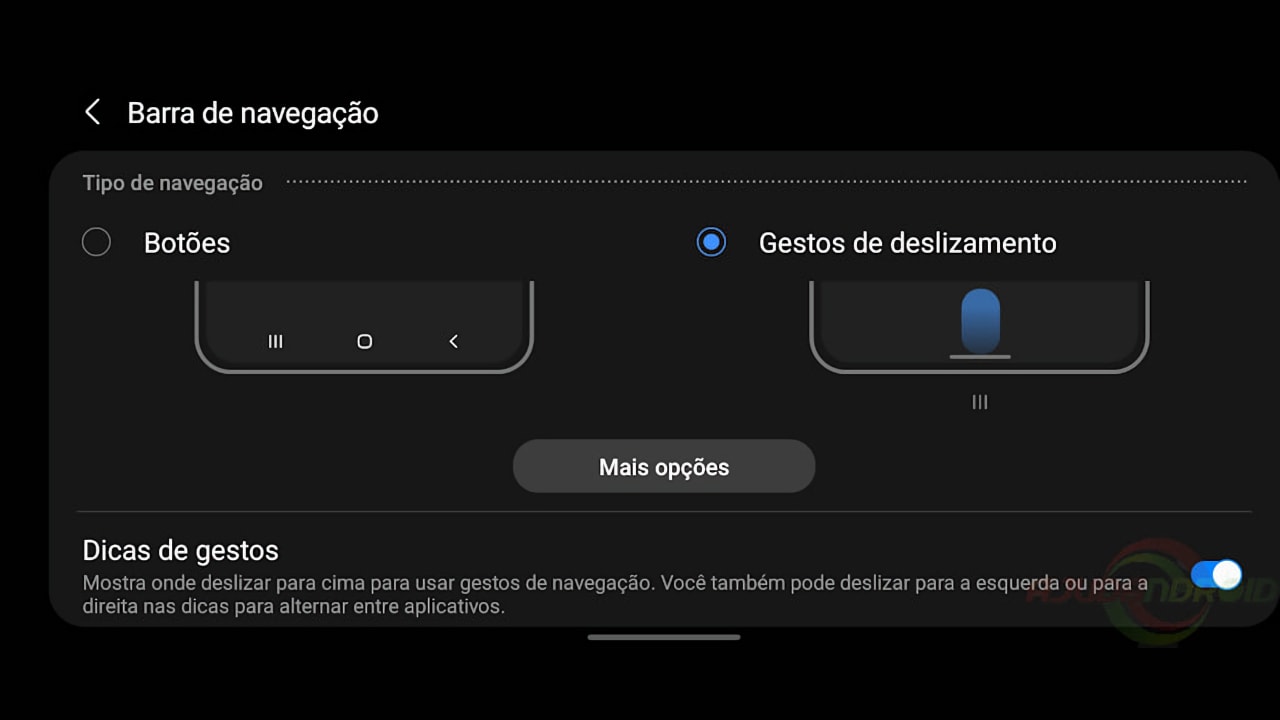 Navegação botão virtual e navegação por gestos