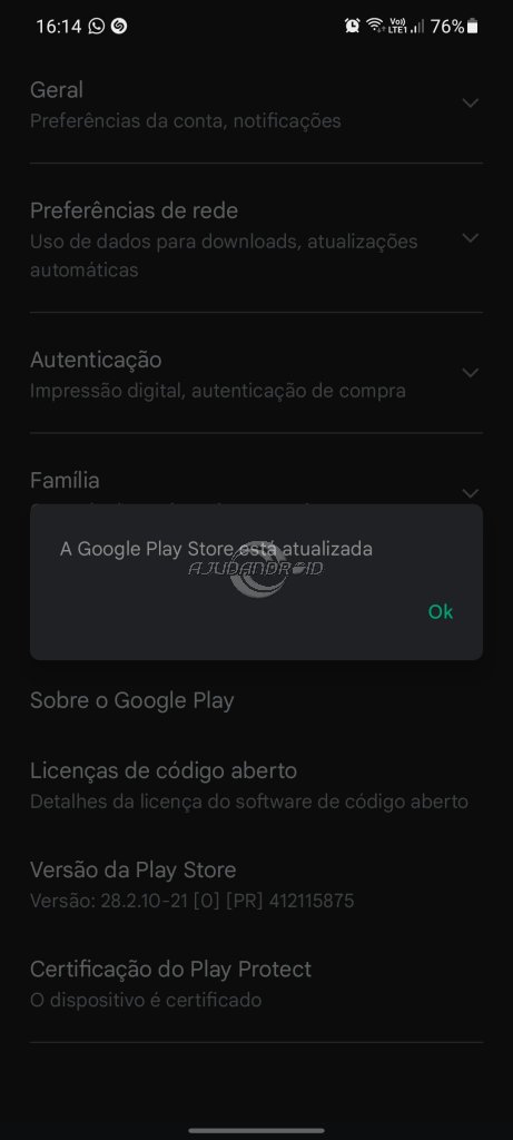 Google Play Store sem botão atualizar