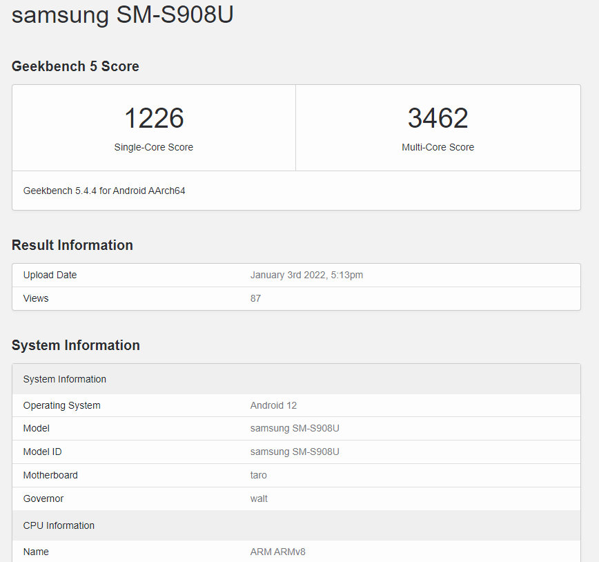 Samsung Galaxy S22 Ultra Benchmark Snapdragon8 Gen 1