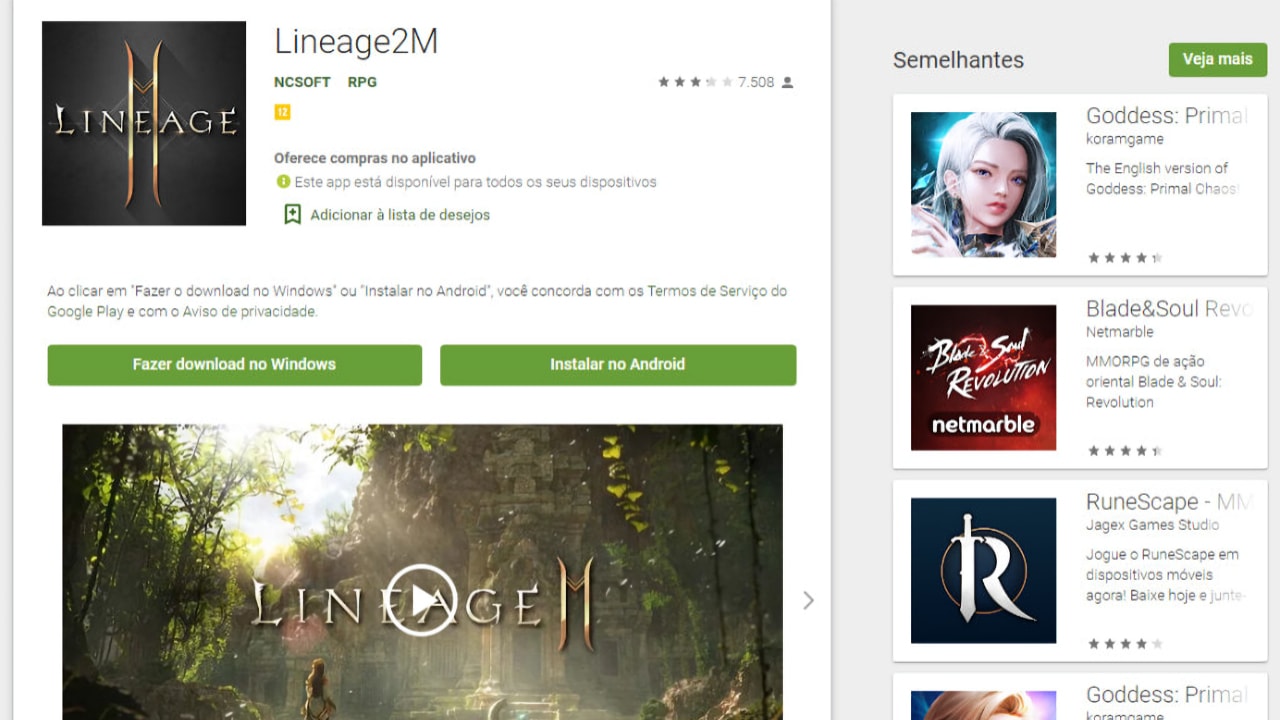 Google Play Store botão “Fazer download no Windows”