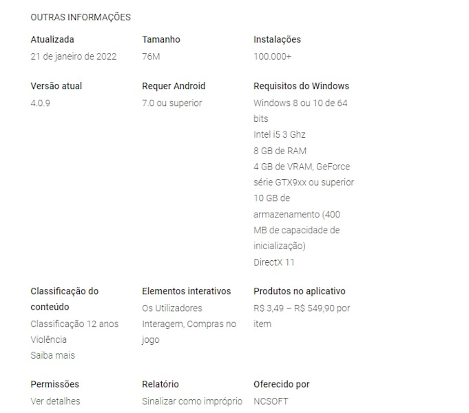 Google Play Store Especificações para Lineage2M no WIndows