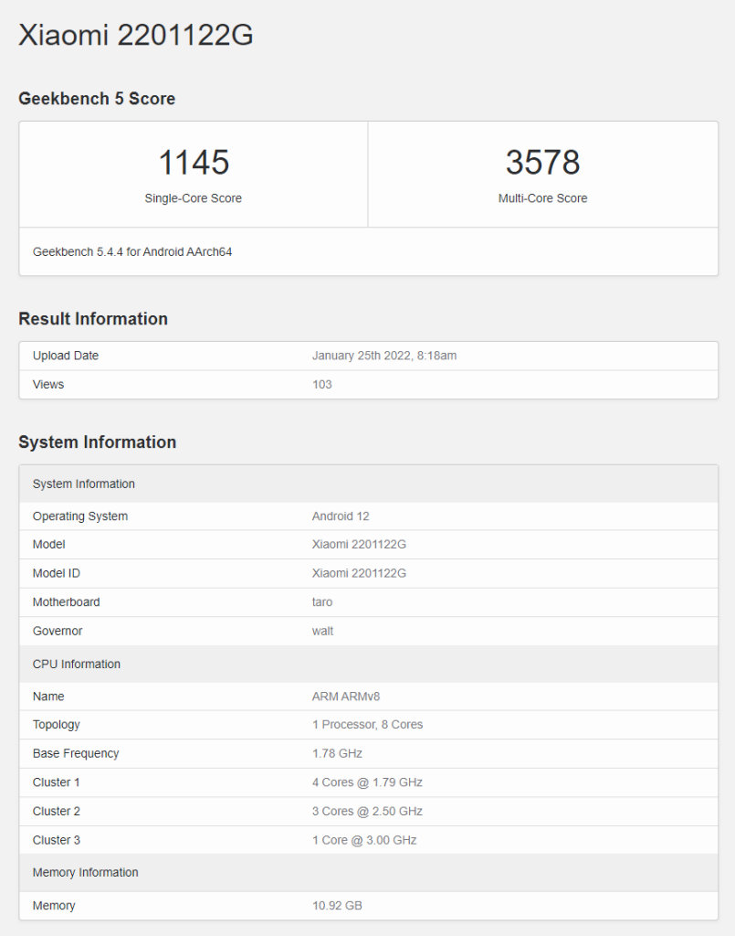 Xiaomi 12 Pro Global benchmark