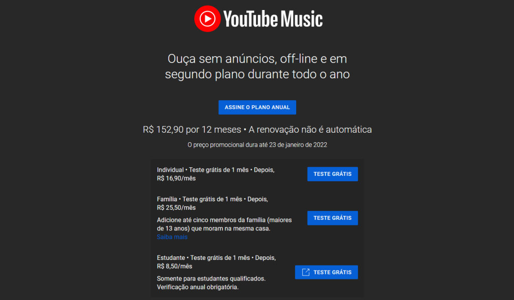 YouTube Music Premium assinatura anual no Brasil