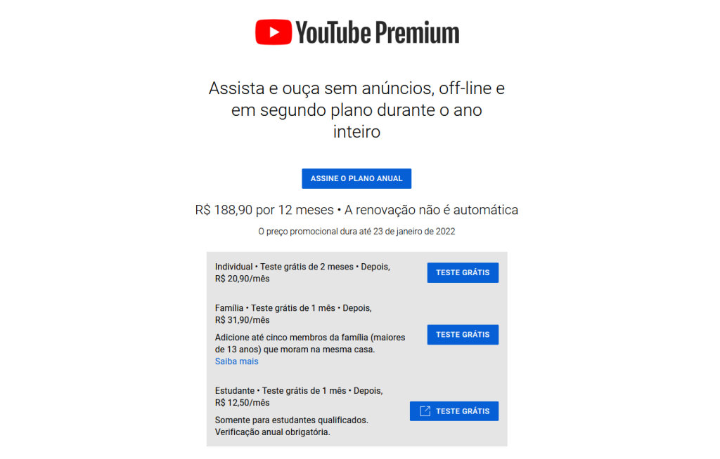 YouTube Premium assinatura anual no Brasil