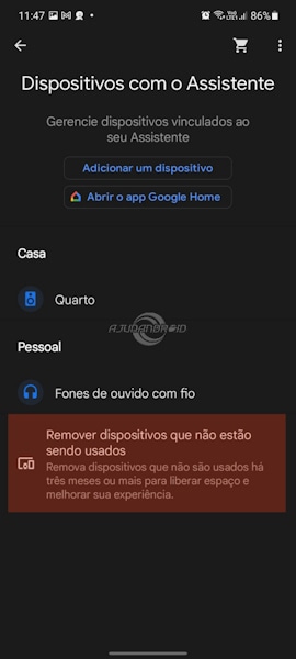 Google Assistente removendo dispositivos