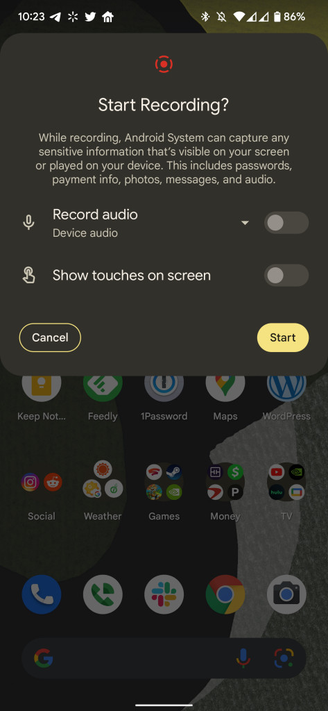 Android 12 gravador de tela