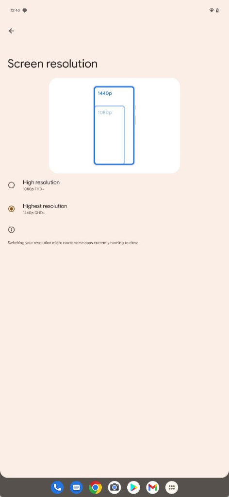 Android 13 opção da resolução de tela