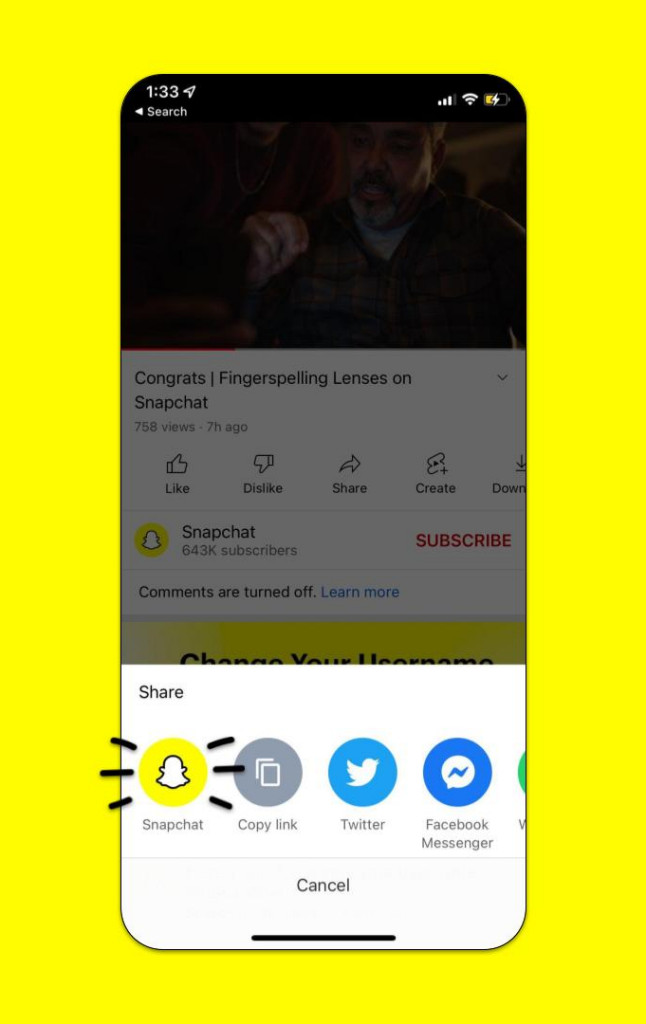 Snapchat compartilhamento direto de vídeos do YouTube