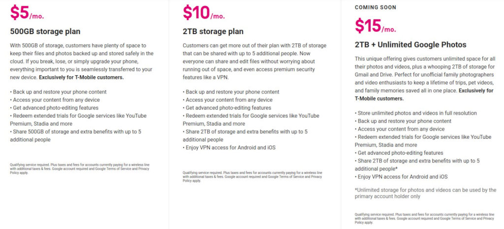 T-Mobile Google Fotos ilimitado planos