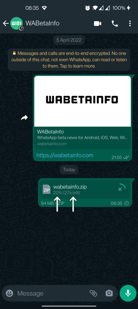 WhatsApp teste mostra tempo restante para envio e recebimento de arquivos