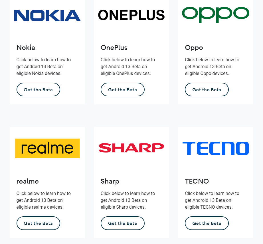 Android 13 Beta aparelhos de fabricantes