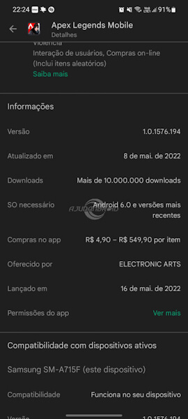 Google Play Store para Android, informações para apps e games