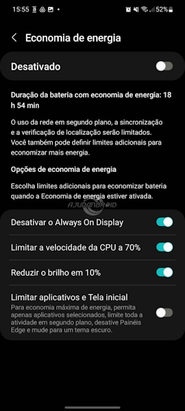 Samsung Galaxy opções de economia de energia