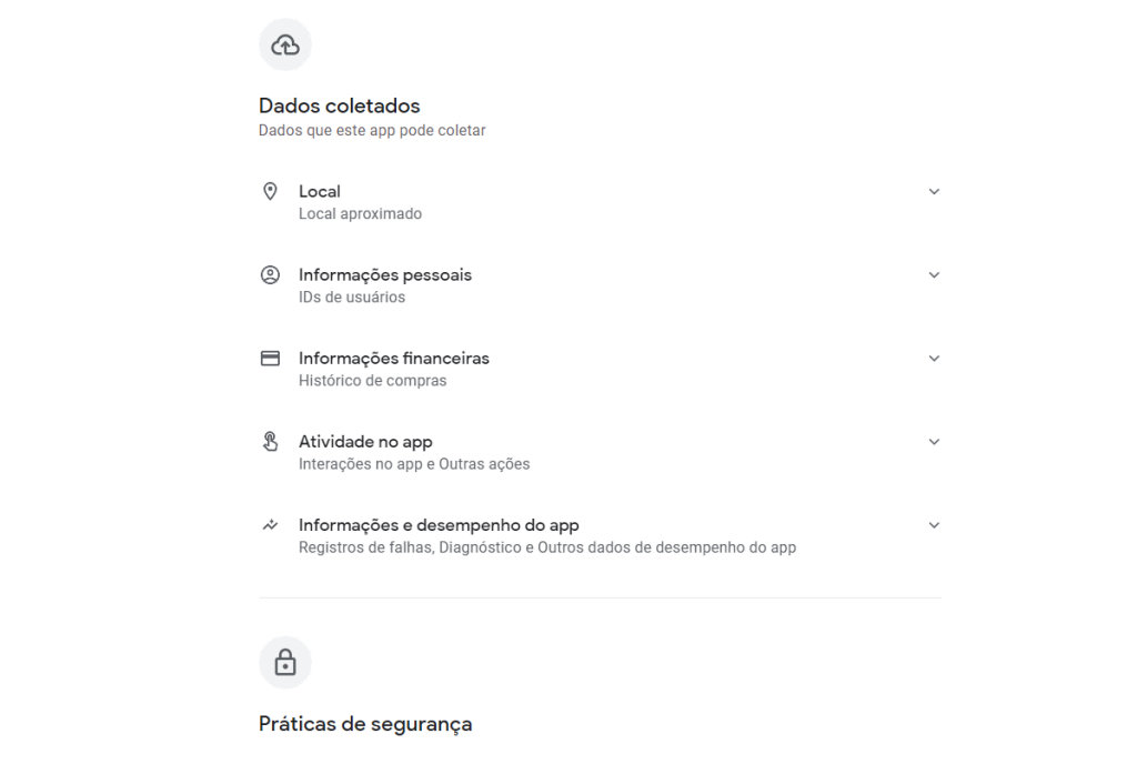 Seção segurança dos dados Google Play Store