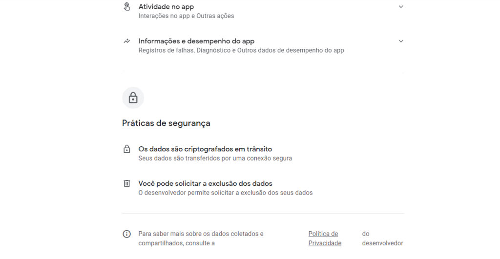 Seção segurança dos dados Google Play Store