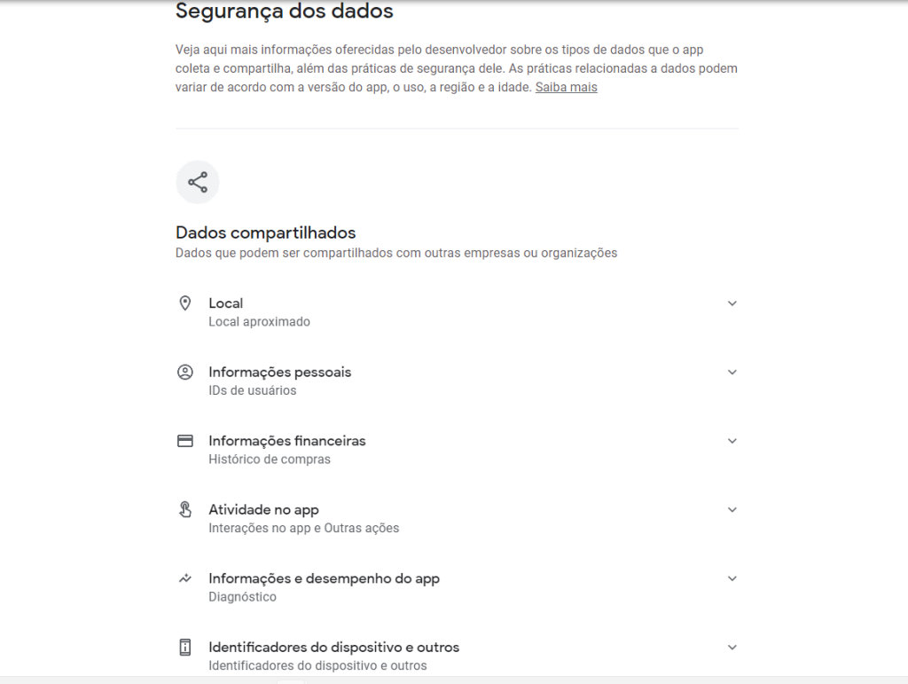 Seção segurança dos dados Google Play Store