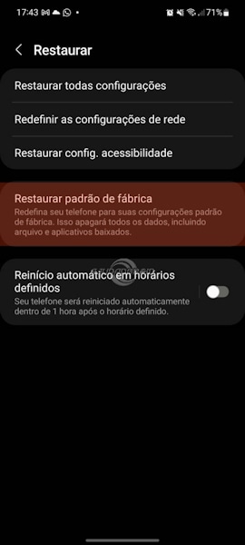 Samsung Galaxy restauração de fábrica