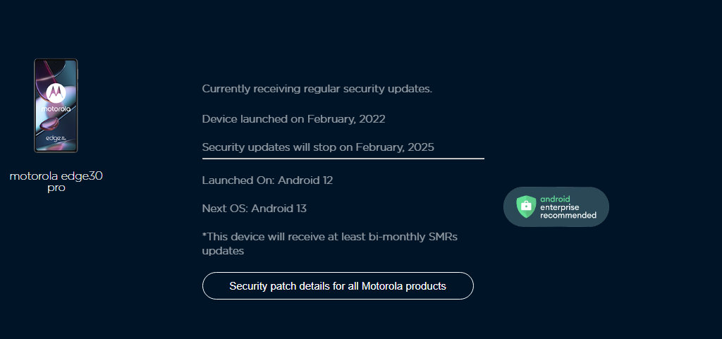 Motorola Edge 30 Pro página de suporte mostra atualização Android 13 confirmada