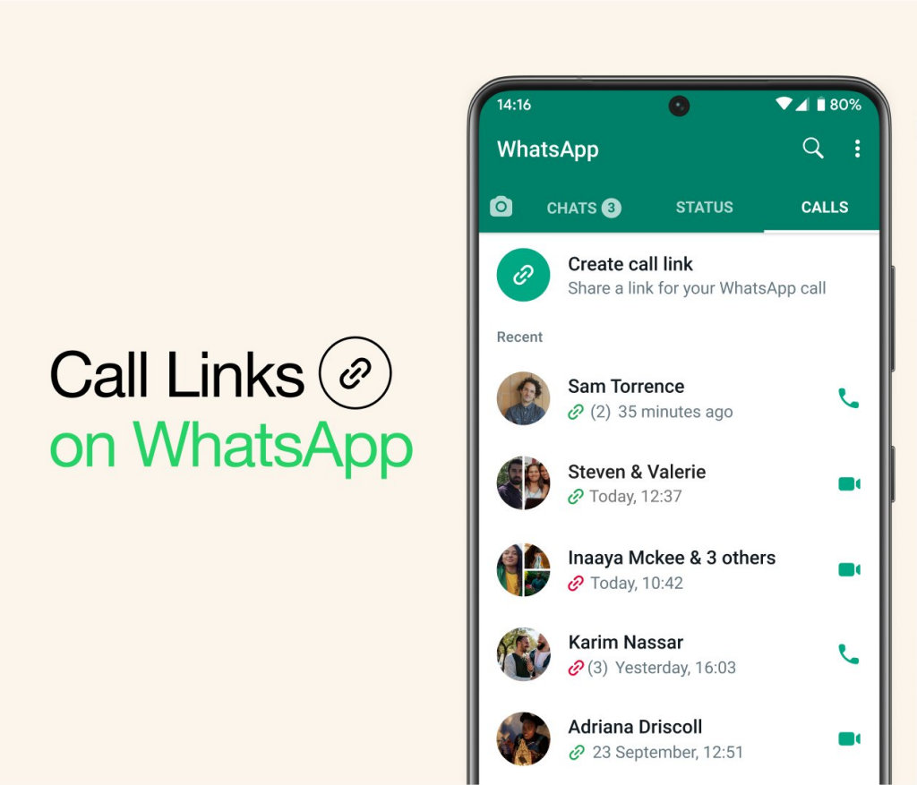 WhatsApp link para ligações de voz e vídeo