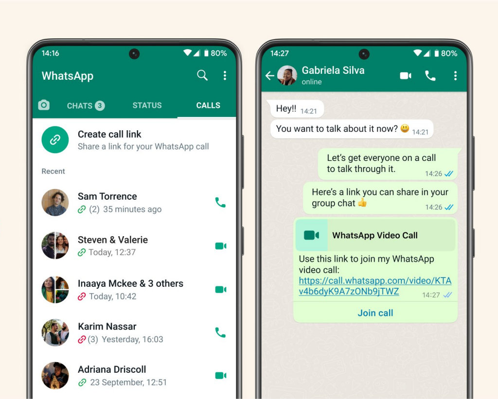 WhatsApp link para ligações de voz e vídeo