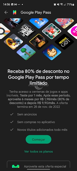 Google Play Pass com desconto de 80%
