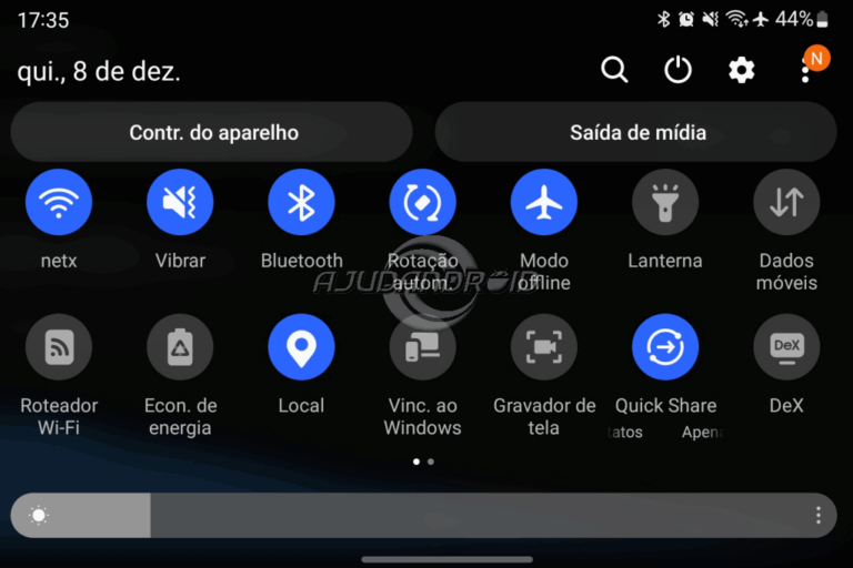 Android Samsung com modo avião e conexões Wi-Fi e Bluetooth ativadas