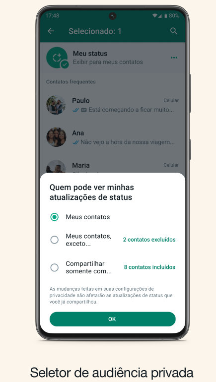 WhatsApp novidades para o Status: Seletor de privacidade