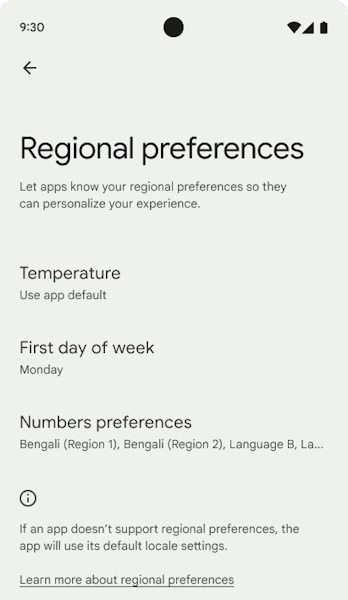Preferências Regionais Android 14
