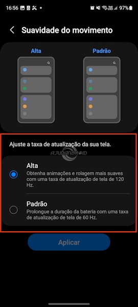 Mudar a taxa de atualização da tela nos Galaxy