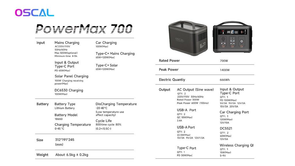 Estação de energia portátil Oscal PowerMax 700