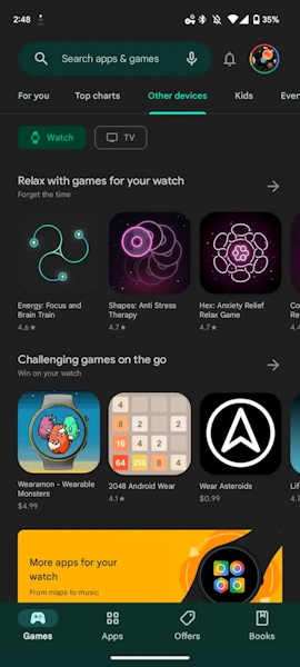 Wear OS categoria de jogos na loja Google Play Store