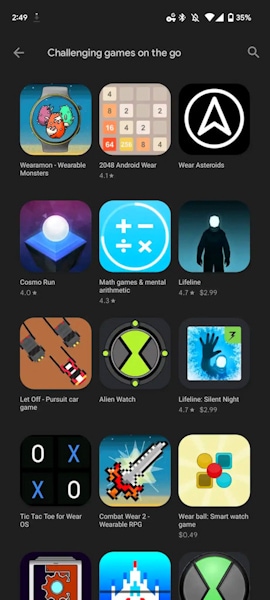Wear OS categoria de jogos na loja Google Play Store