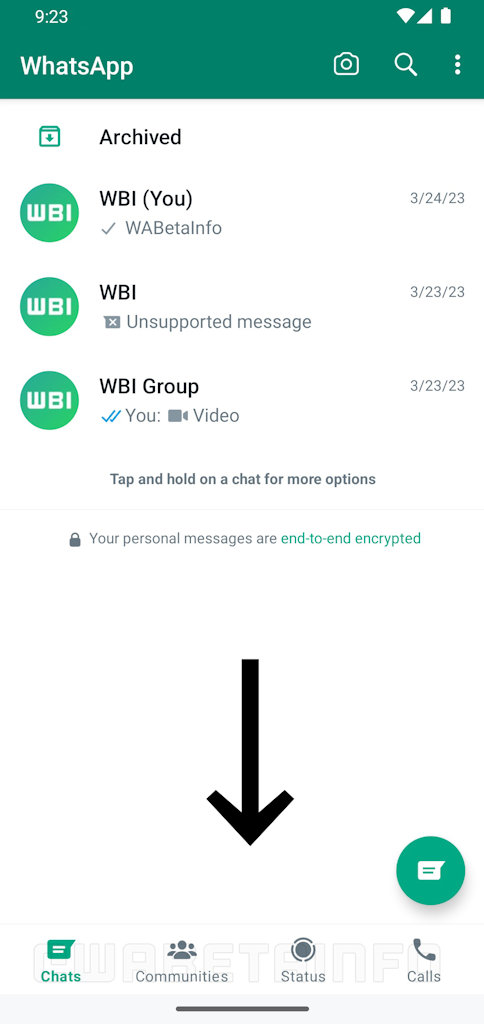 WhatsApp Beta aba de navegação na parte inferior da tela