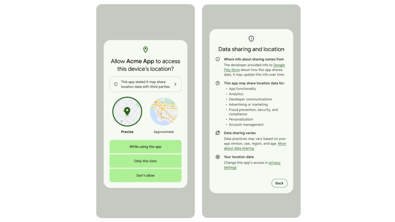 Android 14 caixa de diálogo que estão compartilhando os dados de localização com terceiros