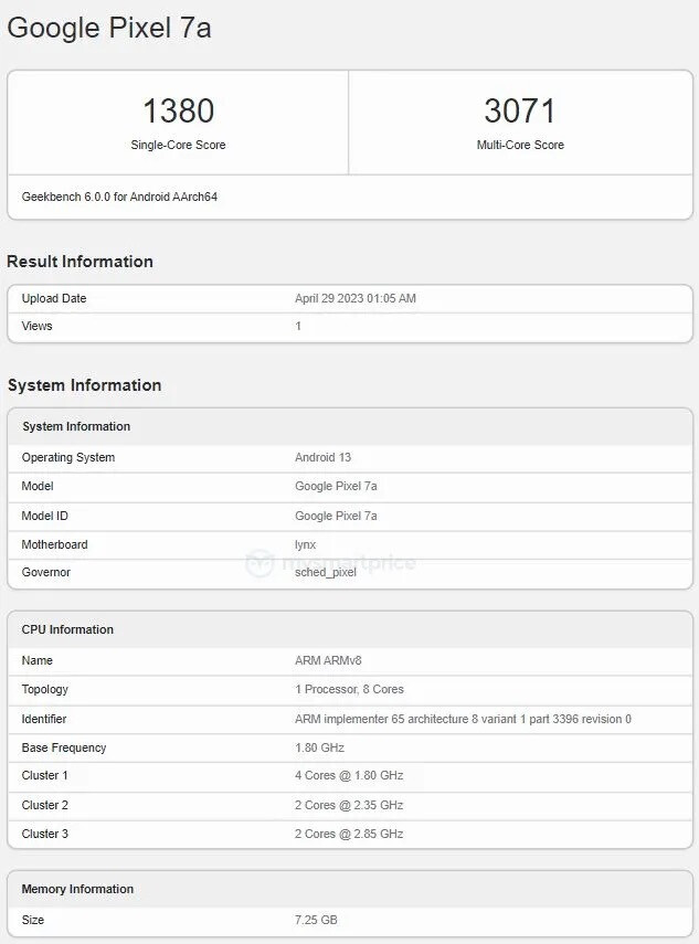 Google Pixel 7a Geekbench