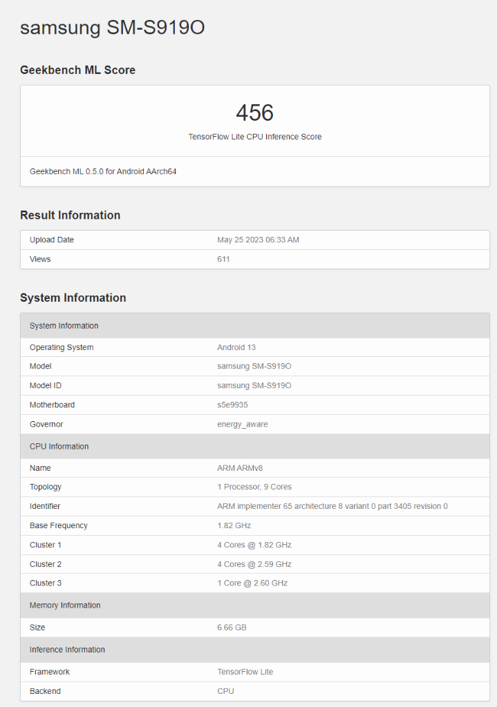 Samsung SM-S9190 com exynos 2300 no Geekbench