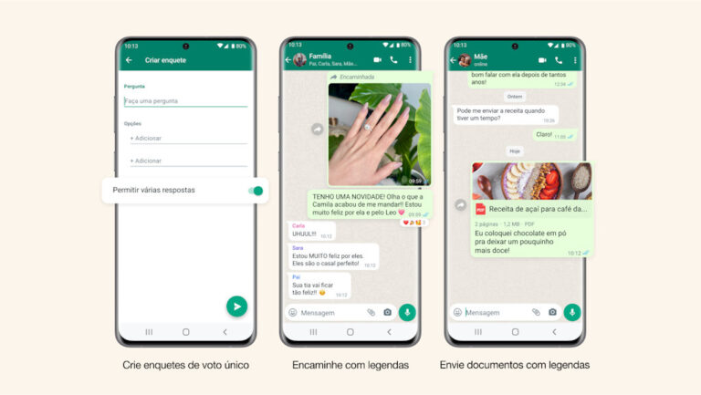 WhatsApp enquetes voto único, encaminhar com legendas e compartilhar documentos com legendas