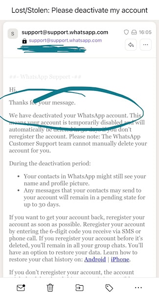 WhatsApp conta desativada por e-mail