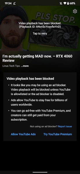 YouTube bloqueando vídeos de usuários com bloqueador de anúncios