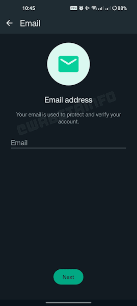 WhatsApp endereço de e-mail para proteção e verificação