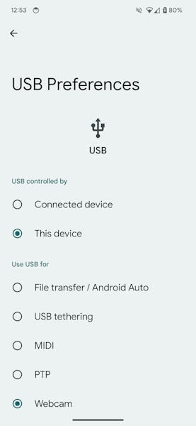 Recurso de utilizar telefone como webcam no Android 14