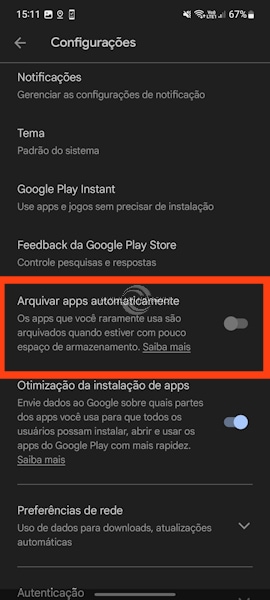 Google Play Store, opção arquivamento de apps