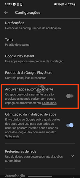 Google Play Store, opção arquivamento de apps