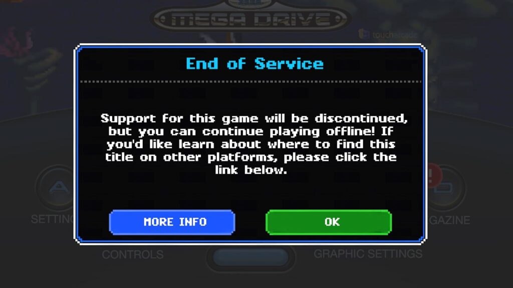 Sega Forever mensagem de fim do serviço