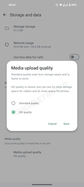 WhatsApp opção para selecionar qualidade de envio de fotos e vídeos