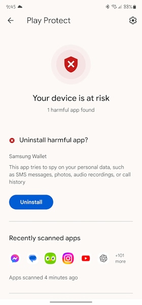 Google Play Protect mostra errado que Samsung Wallet é perigoso