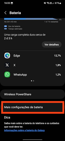 Configurar perfil de desempenho leve da bateria dos Galaxy Samsung