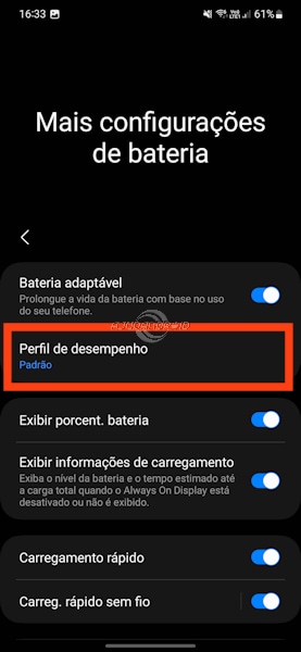 Configurar perfil de desempenho leve da bateria dos Galaxy Samsung