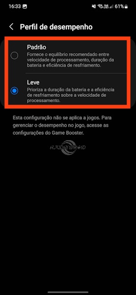 Configurar perfil de desempenho leve da bateria dos Galaxy Samsung